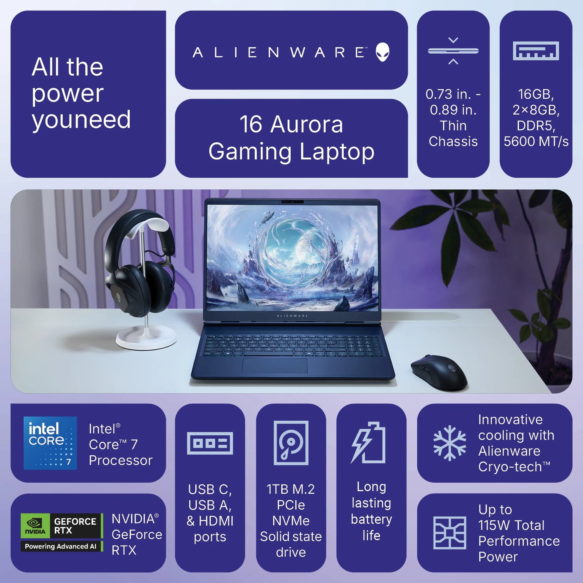 16" Aurora Gaming Laptop Intel Core 7-240H, 16GB RAM, 1TB SSD, NVIDIA Geforce RTX 5050