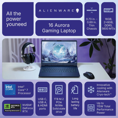 16" Aurora Gaming Laptop Intel Core 7-240H, 16GB RAM, 1TB SSD, NVIDIA Geforce RTX 5050